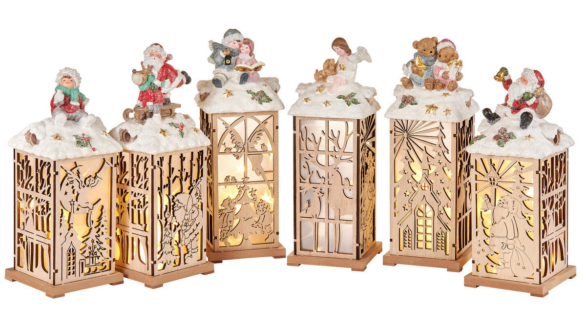 LED-LATERNA - rdeča/bela, Trendi, umetna masa/leseni material - X-Mas