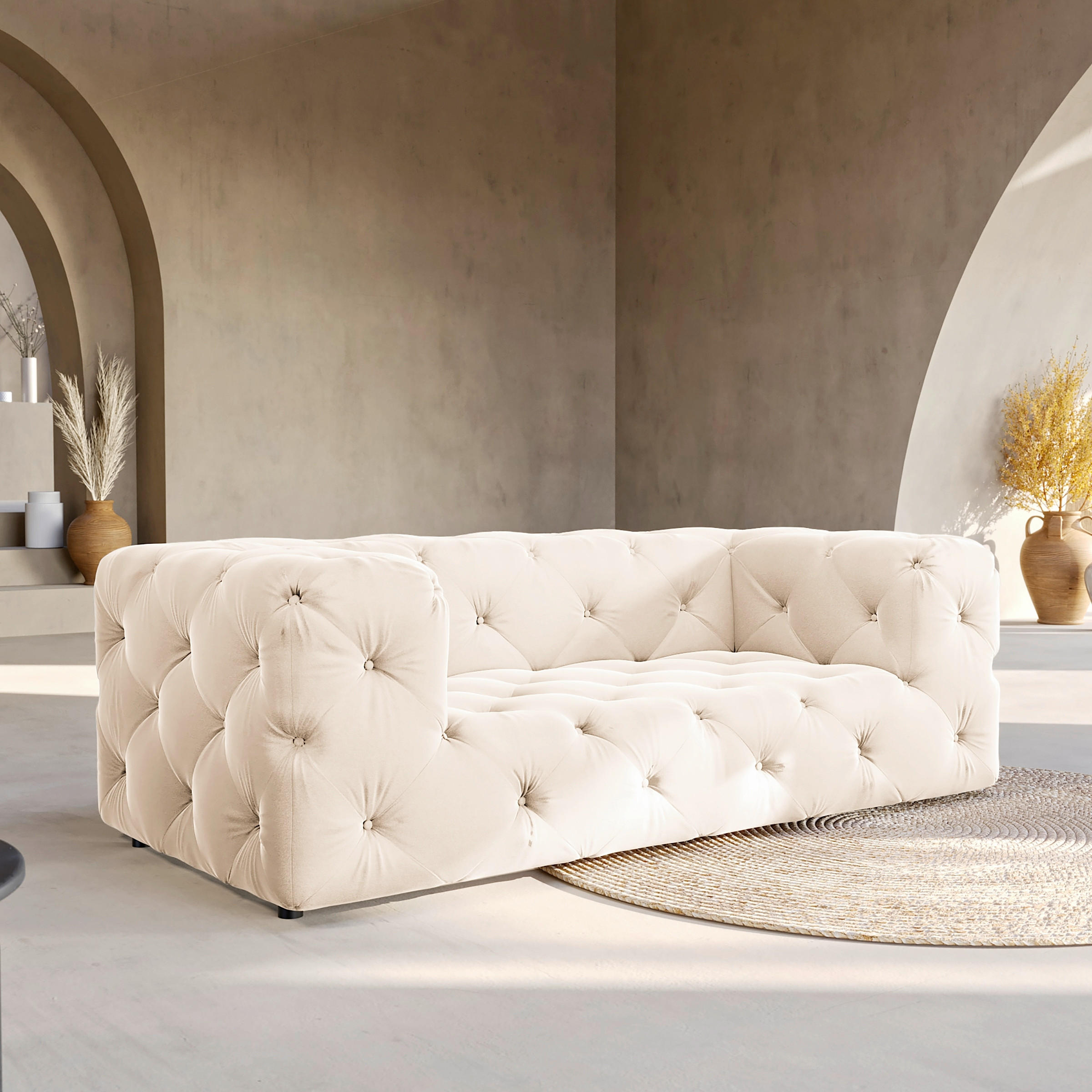 2-SITZER-SOFA Fresco Samt Creme  - Creme/Schwarz, Design, Kunststoff/Textil (193/71/100cm) - P & B
