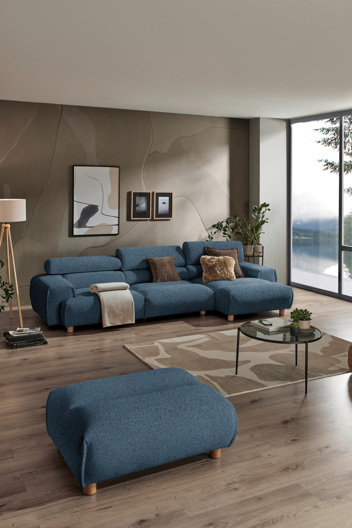 ECKSOFA in Velours Dunkelblau  - Buchefarben/Dunkelblau, Design, Holz/Textil (329/150cm) - Lomoco