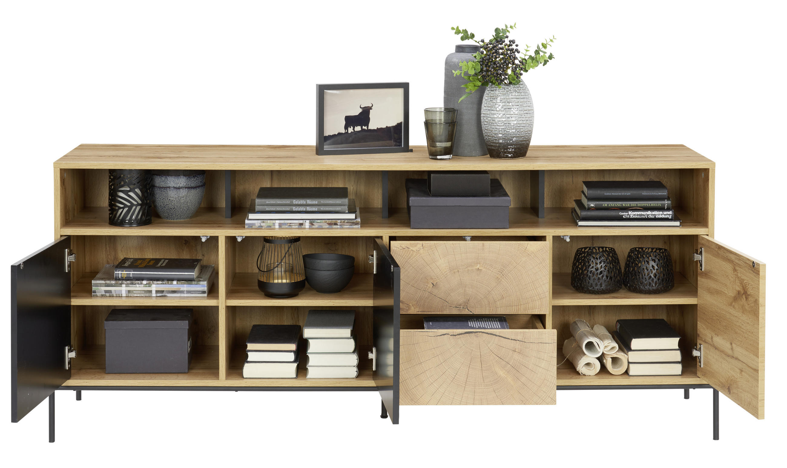 Thumbnail - Carryhome Sideboard, Schwarz, Eiche, Holzwerkstoff, 3 Fächer, 2 Schubladen, 170x74x40 cm, Typenauswahl, Beimöbel erhältl...