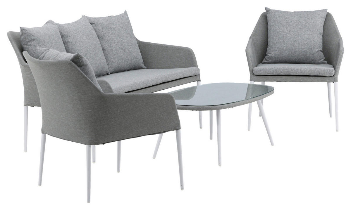 LOUNGEGARNITUR Aluminium  - Weiß/Grau, KONVENTIONELL, Glas/Textil - Gardenson