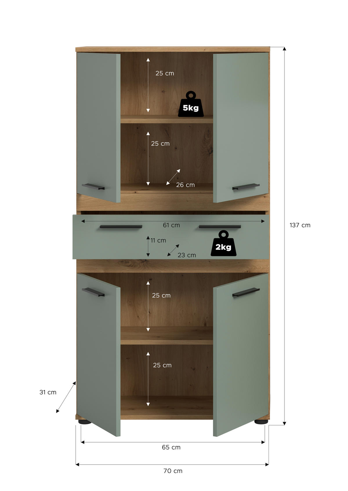 MIDISCHRANK 70/137/31 cm  - Salbeigrün/Schwarz, Trend, Holzwerkstoff/Kunststoff (70/137/31cm) - MID.YOU
