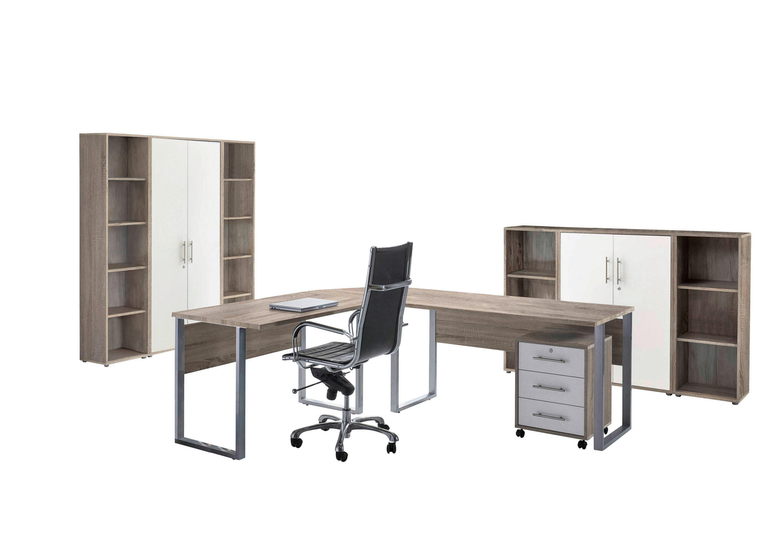 BÜRO erweiterbar, in verschiedenen Holz-Dekoren erhältlich, Schreibtisch seitenverkehrt montierbar, abschließbar Weiß, Sonoma Eiche - Weiß/Sonoma Eiche, MODERN, Holzwerkstoff - MID.YOU