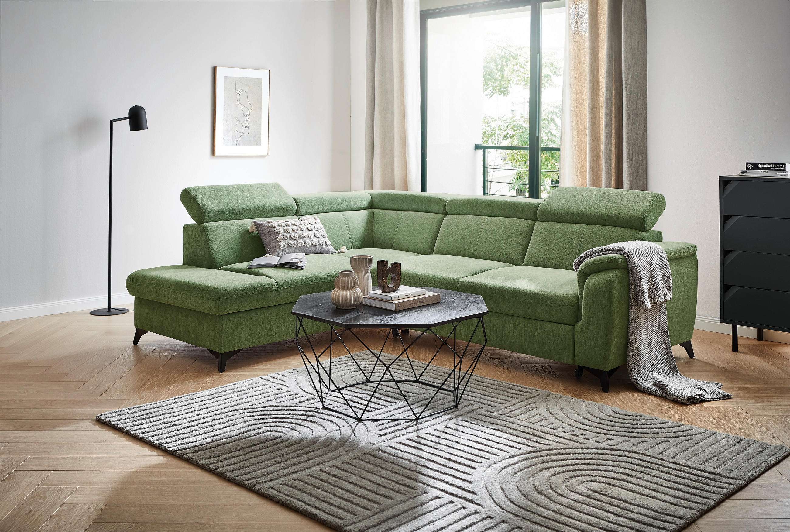 ECKSOFA Hellgrün Chenille  - Schwarz/Hellgrün, Design, Textil/Metall (203/260cm) - Stylife
