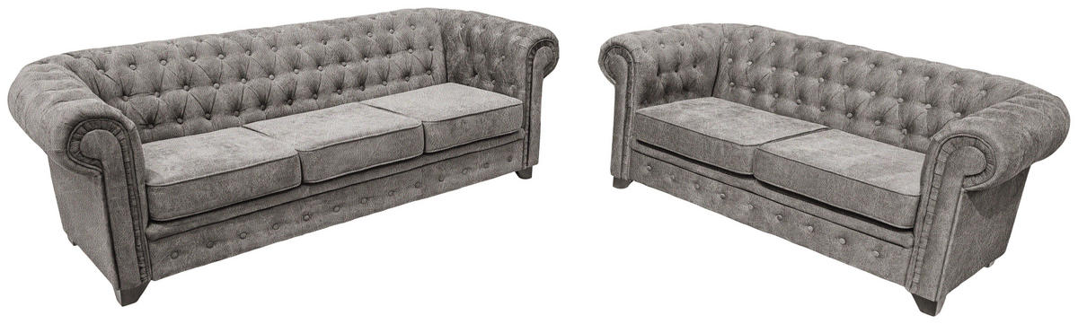 CHESTERFIELD-SOFA CHESTERFIELD Flachgewebe Grau  - Schwarz/Grau, KONVENTIONELL, Holz/Textil (225/72/92cm) - Livetastic
