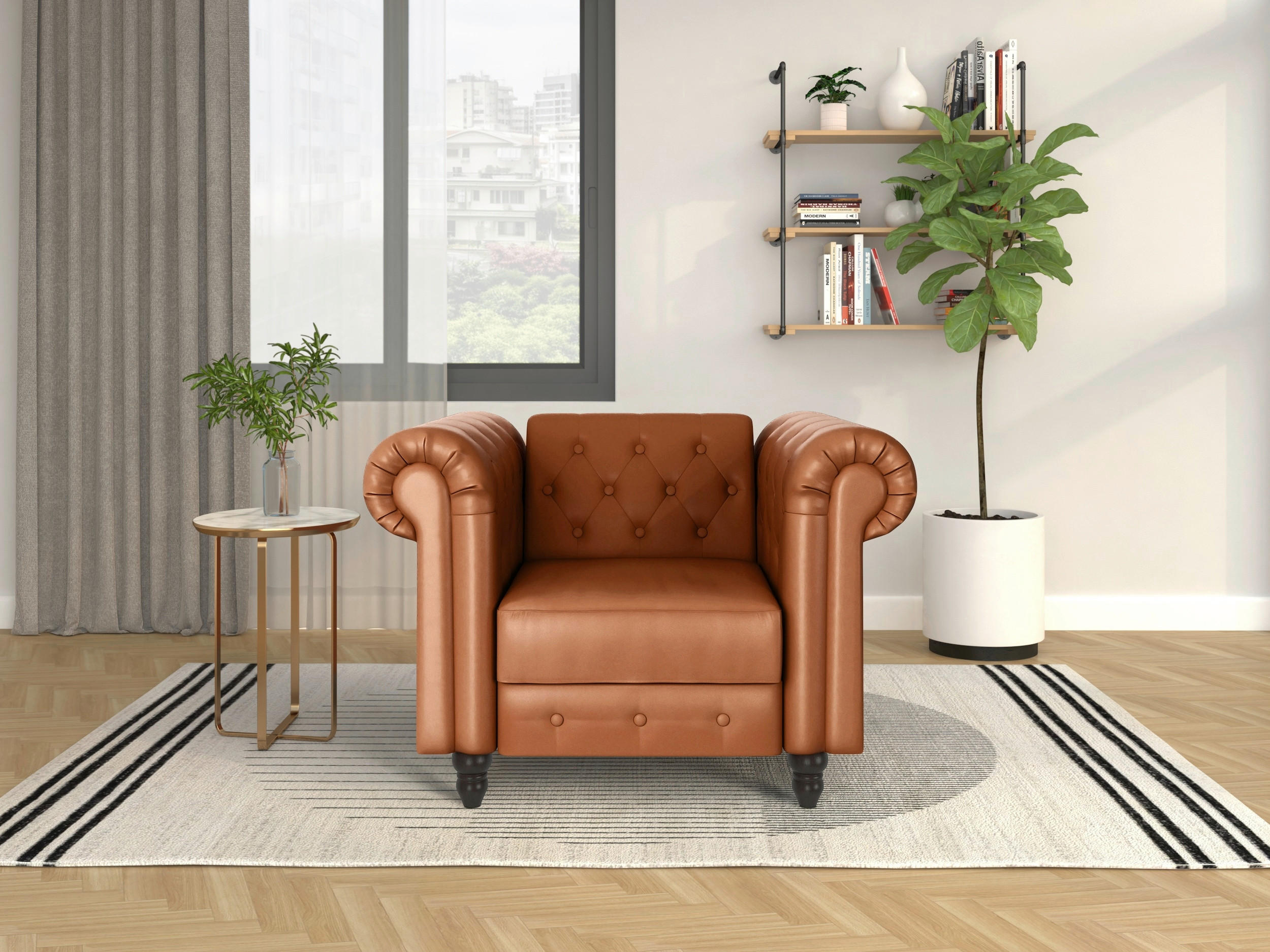 SESSEL in Lederlook Cognac  - Cognac/Schwarz, Basics, Holz/Textil (111/83/87cm) - Livetastic