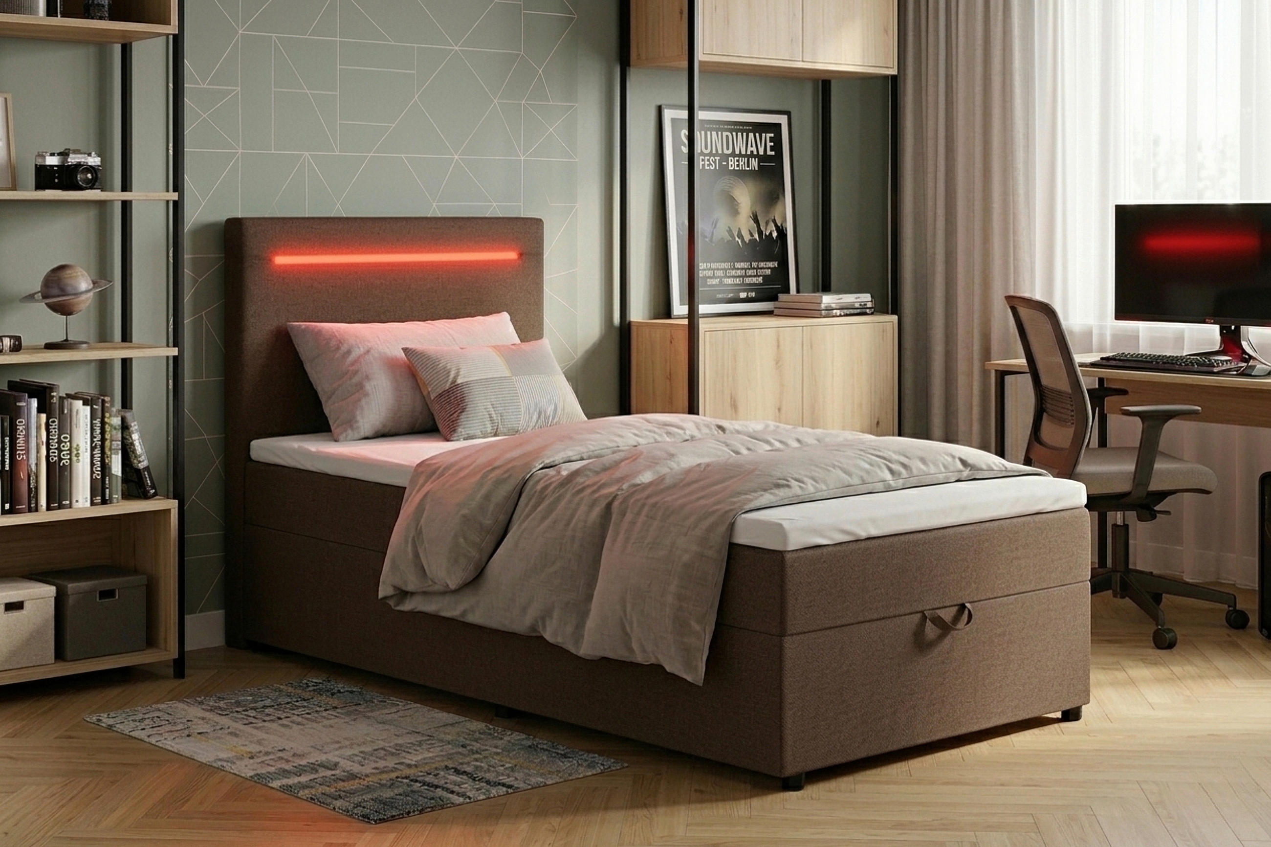 BOXBETT 100/200 cm,  in Braun, Bettkasten, Topper, Kopfteilbeleuchtung,  - Schwarz/Braun, MODERN, Kunststoff/Textil (100/200cm) - MID.YOU