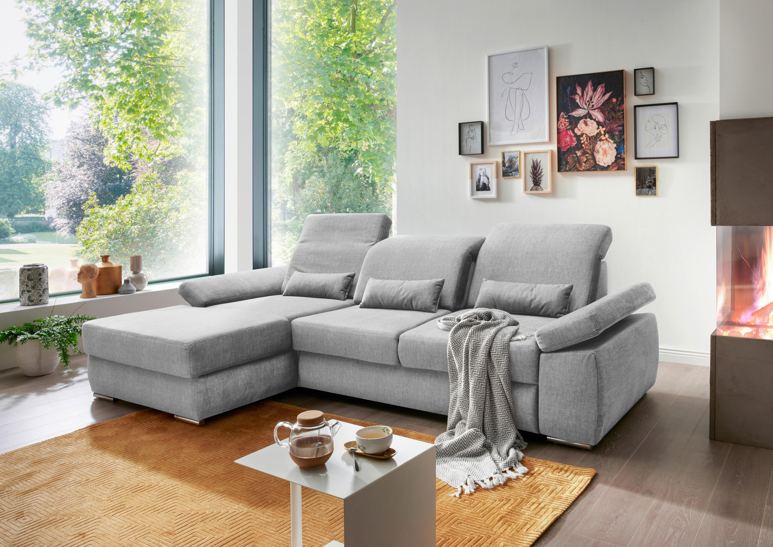 ECKSOFA Silberfarben Velours  - Chromfarben/Silberfarben, MODERN, Holz/Textil (188/295cm) - Livetastic