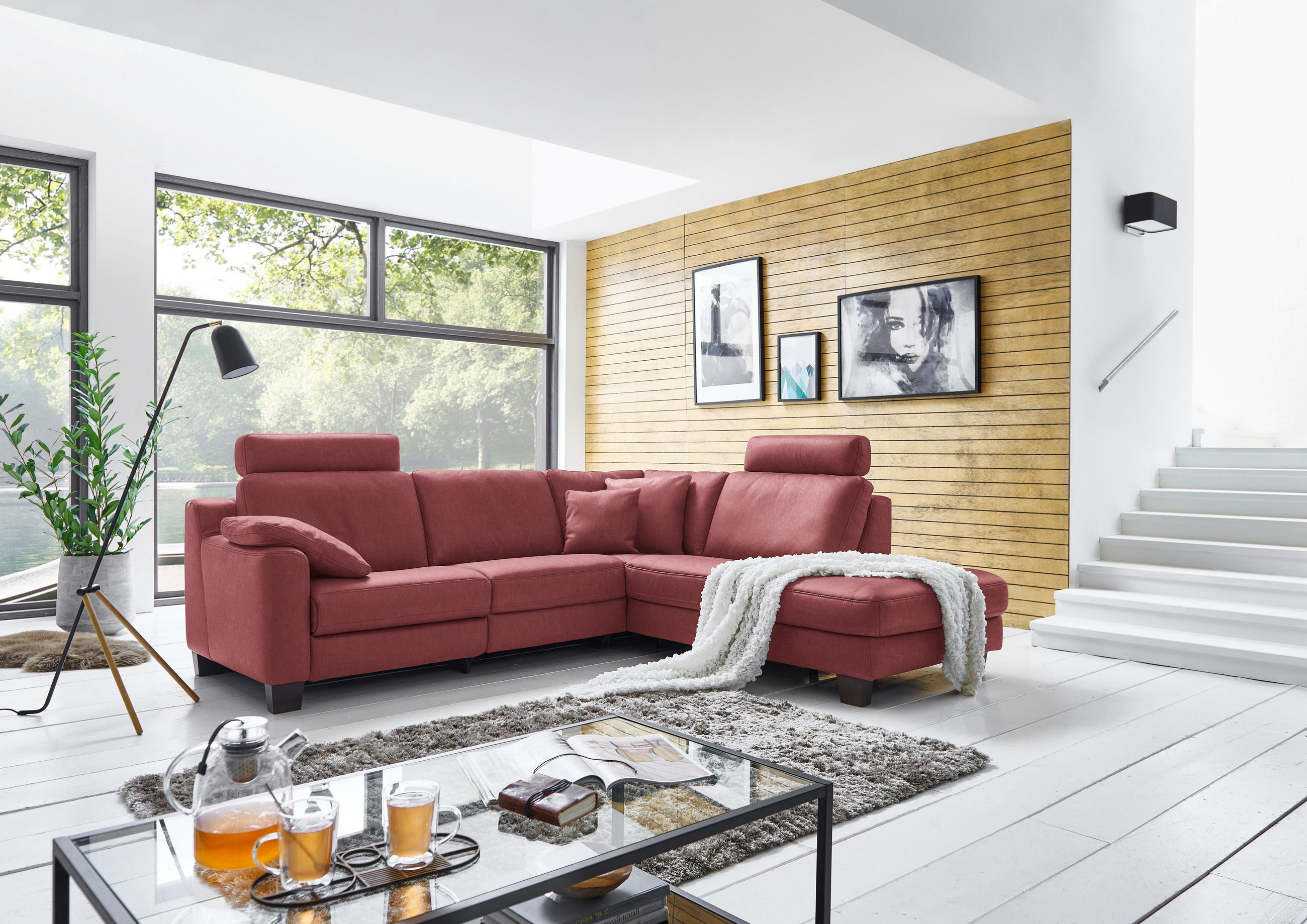 ECKSOFA in Echtleder Dunkelrot  - Eichefarben/Dunkelrot, Design, Leder/Holz (259/235cm) - Valdera