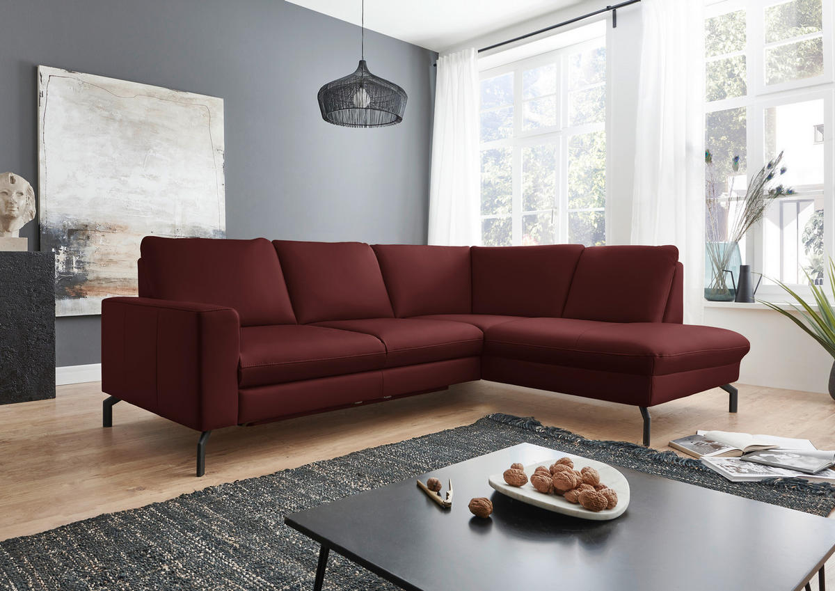 ECKSOFA in Echtleder Brombeere  - Brombeere/Schwarz, Design, Leder/Metall (250/194cm) - Beldomo Premium