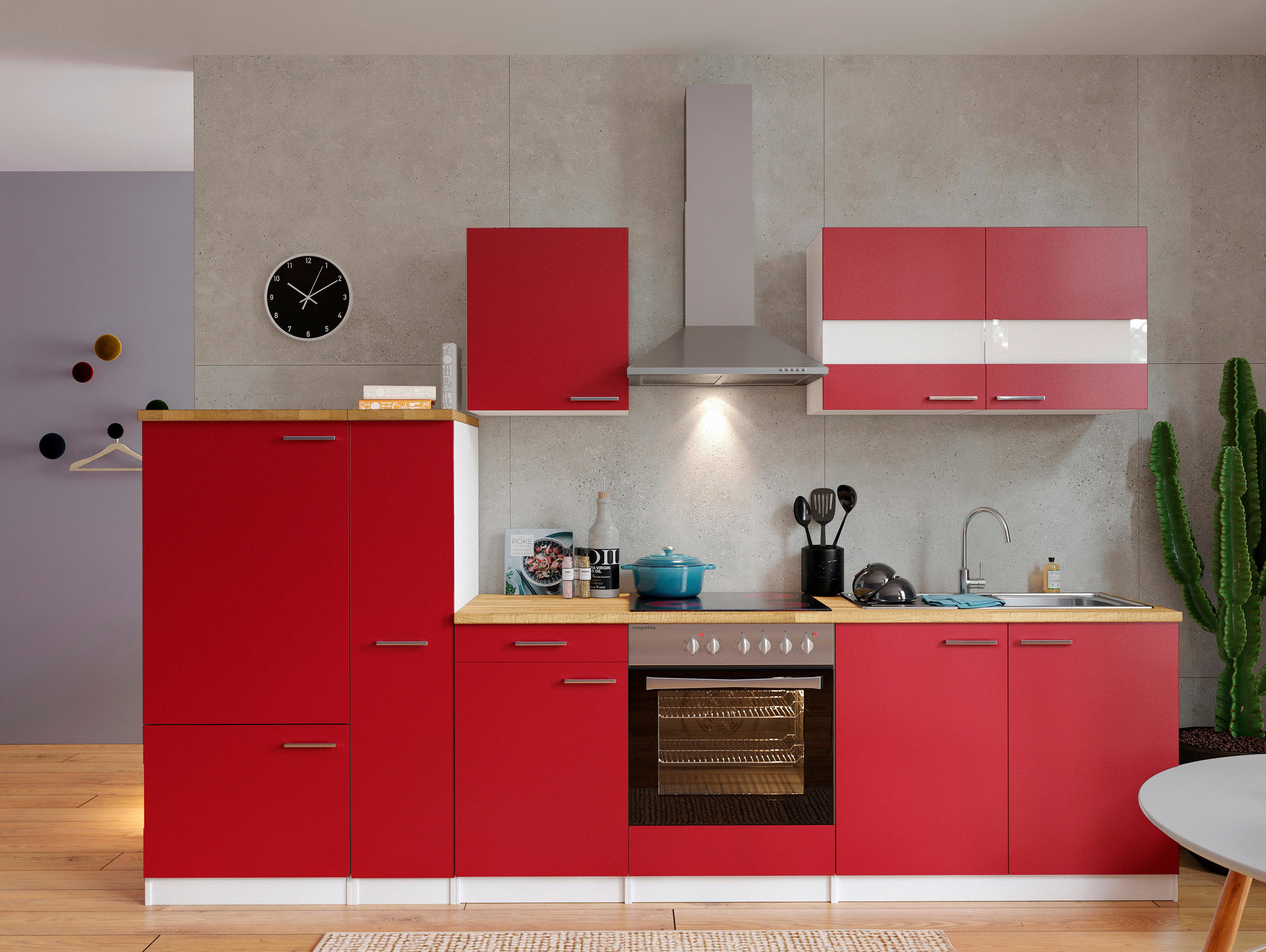 KÜCHENBLOCK 300 cm   in Rot  - Weiss/Edelstahlfarben, Basics, Holzwerkstoff/Metall (300cm) - Respekta