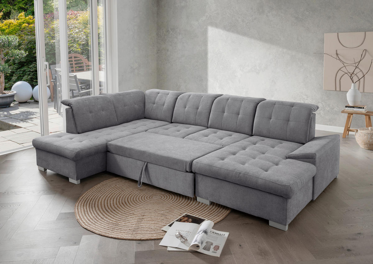 WOHNLANDSCHAFT Dunkelgrau Chenille  - Chromfarben/Dunkelgrau, MODERN, Kunststoff/Textil (212/330/169cm) - Livetastic