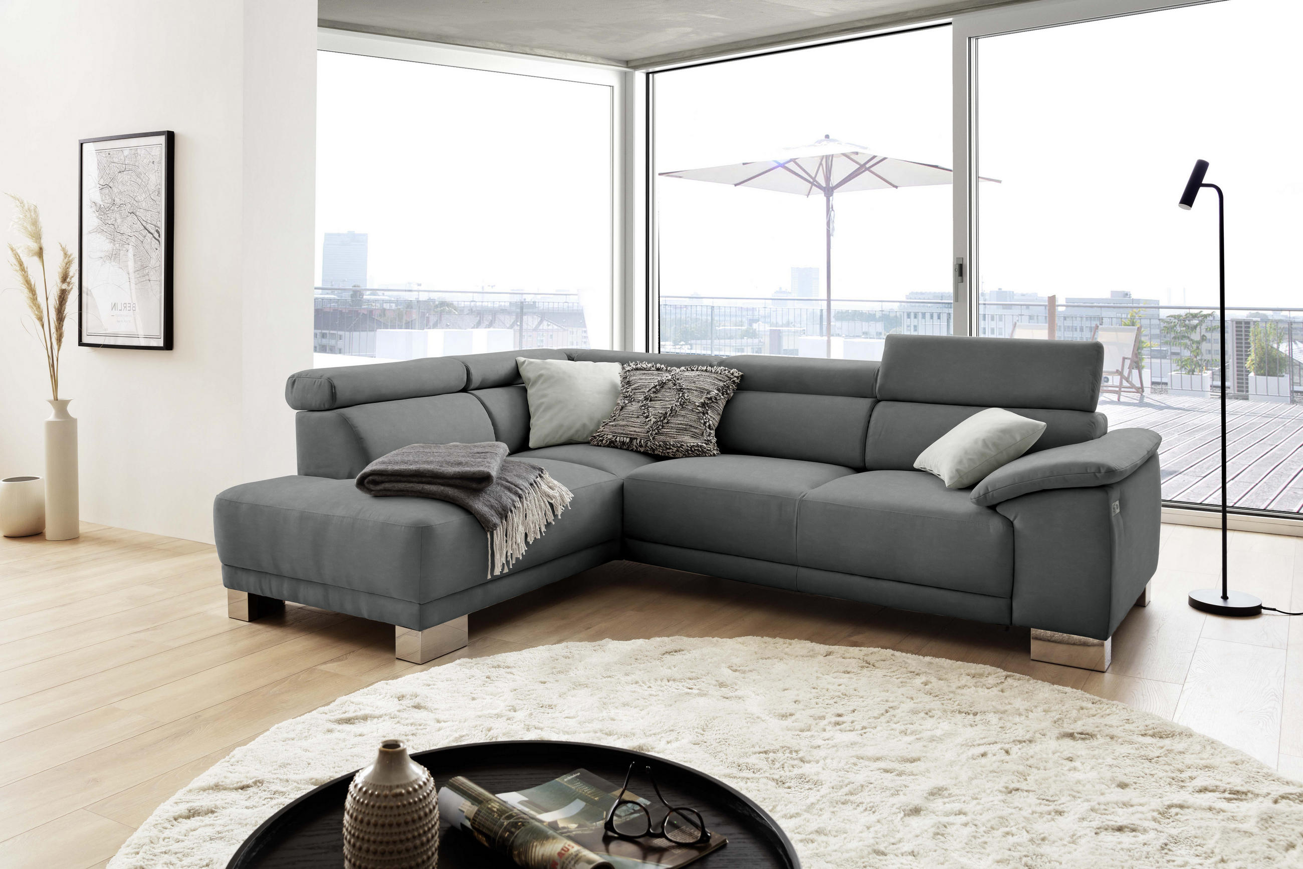 ECKSOFA in Mikrofaser Dunkelgrau  - Chromfarben/Dunkelgrau, Design, Holz/Textil (205/270cm) - Pure Home Lifestyle