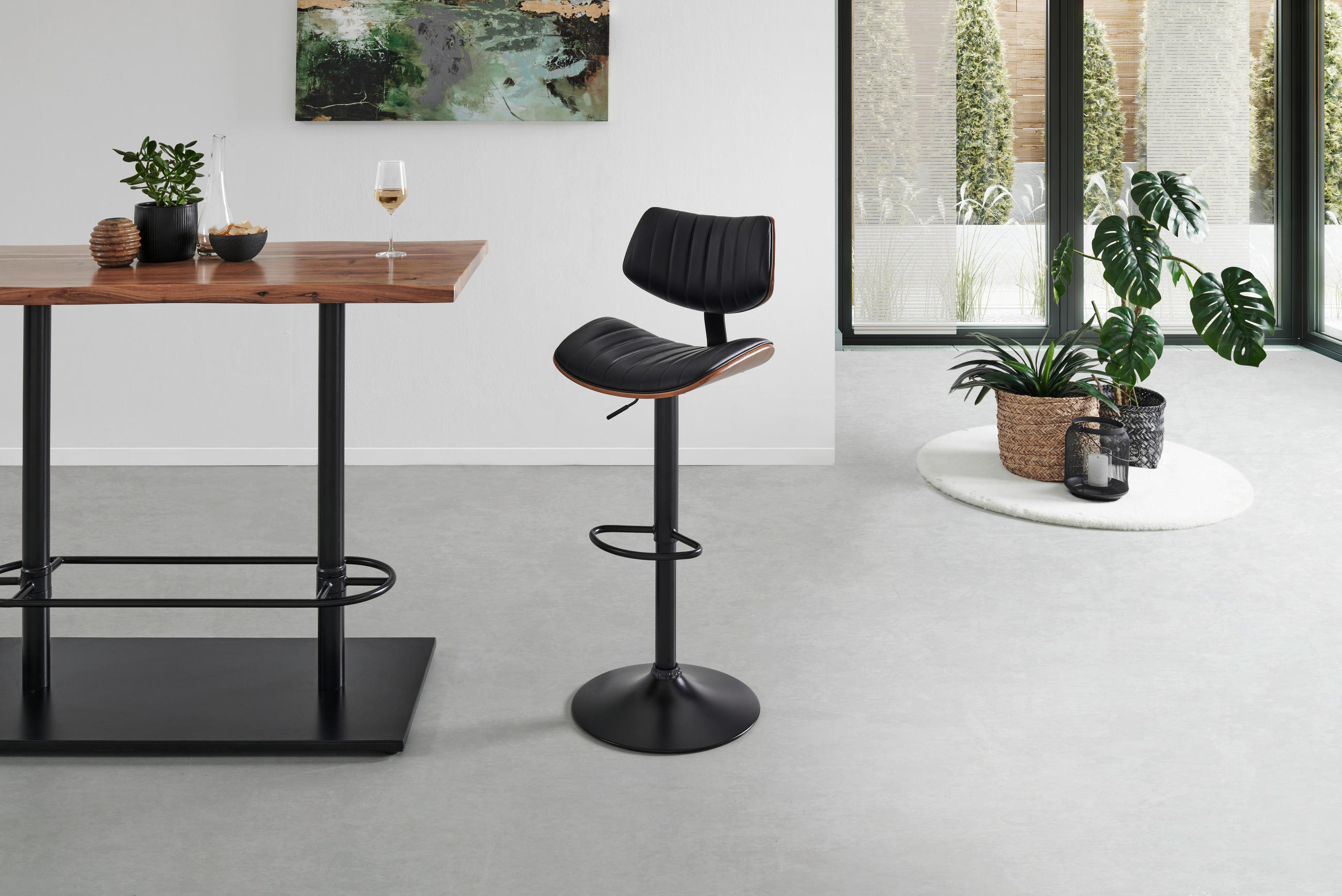 BARHOCKER Lederlook Schwarz, Walnussfarben Eisen Pappel furniert, Sperrholz Sitzfläche 360° drehbar  - Walnussfarben/Schwarz, MODERN, Holz/Textil (47/93-114/50cm) - Livetastic