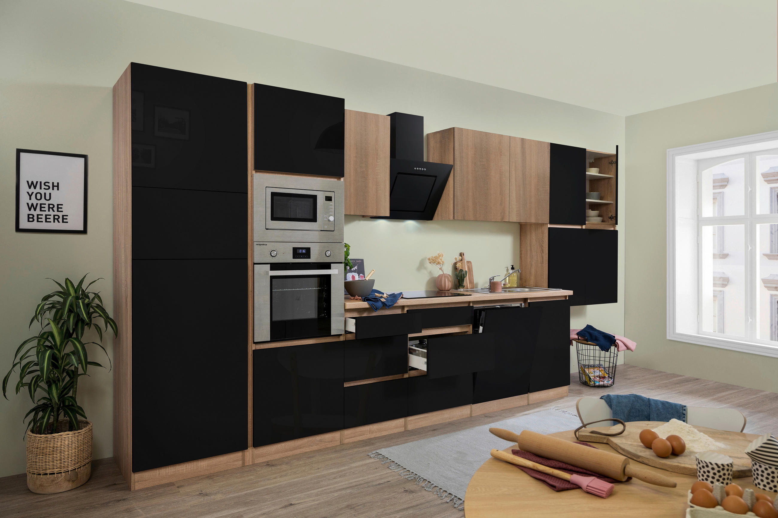 Küchenzeile Premium Mit Geräten 445 Cm Schwarz/eiche Dekor