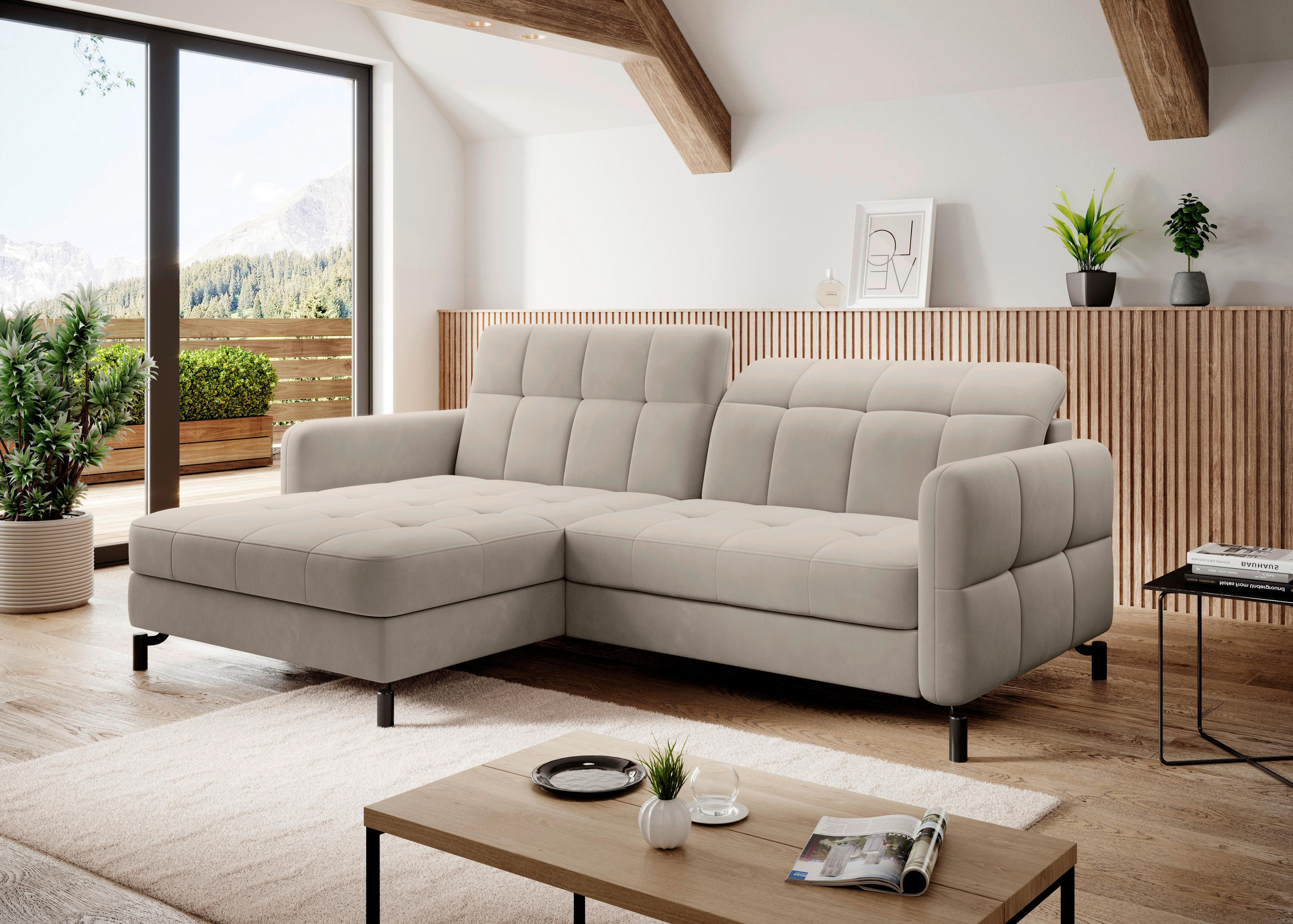 ECKSOFA in Plüsch Beige  160/225 cm  - Beige/Schwarz, Design, Textil/Metall (160/225cm) - MID.YOU