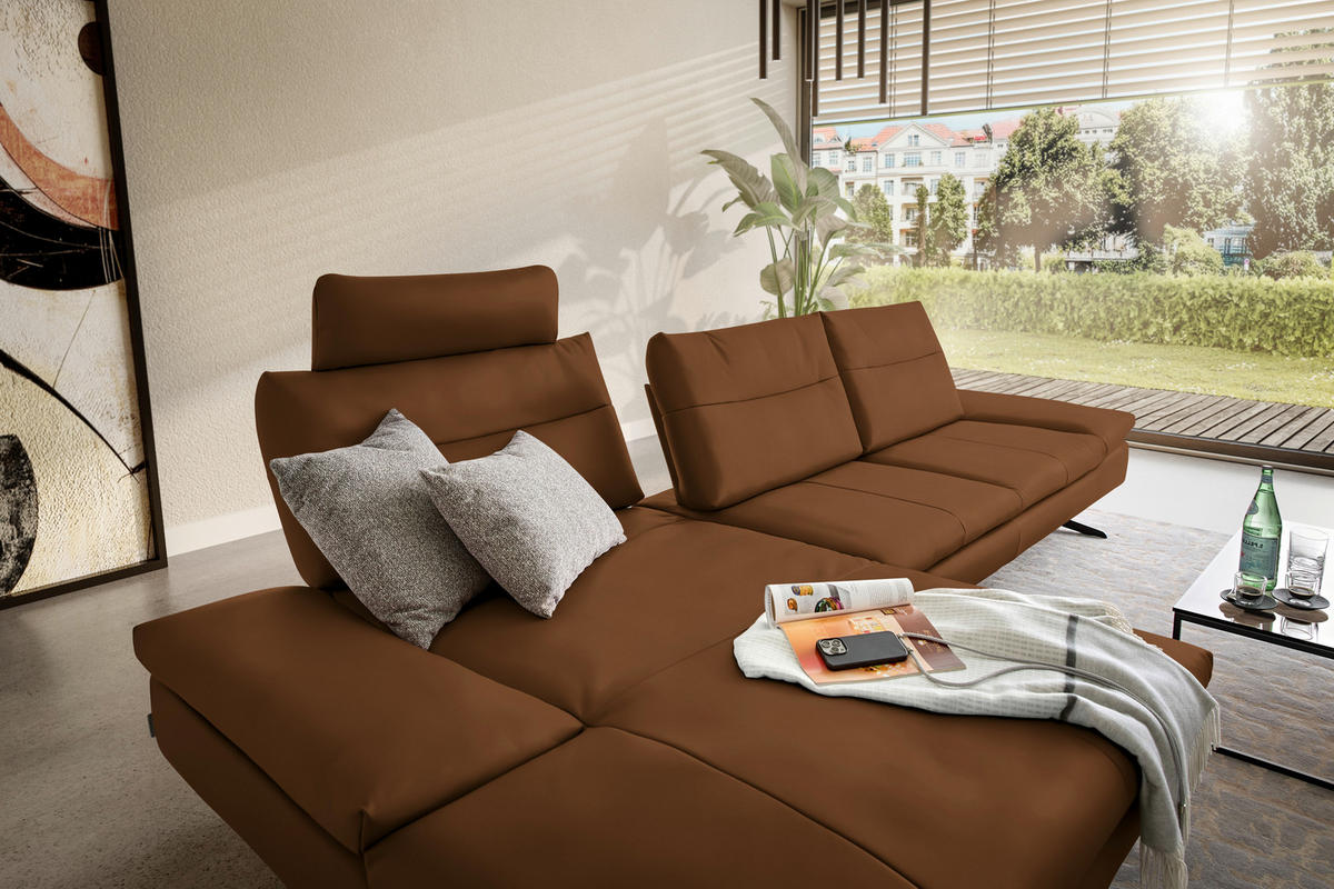 ECKSOFA in Echtleder Cognac  158/342 cm  - Cognac/Schwarz, MODERN, Leder/Metall (158/342cm) - Chilliano