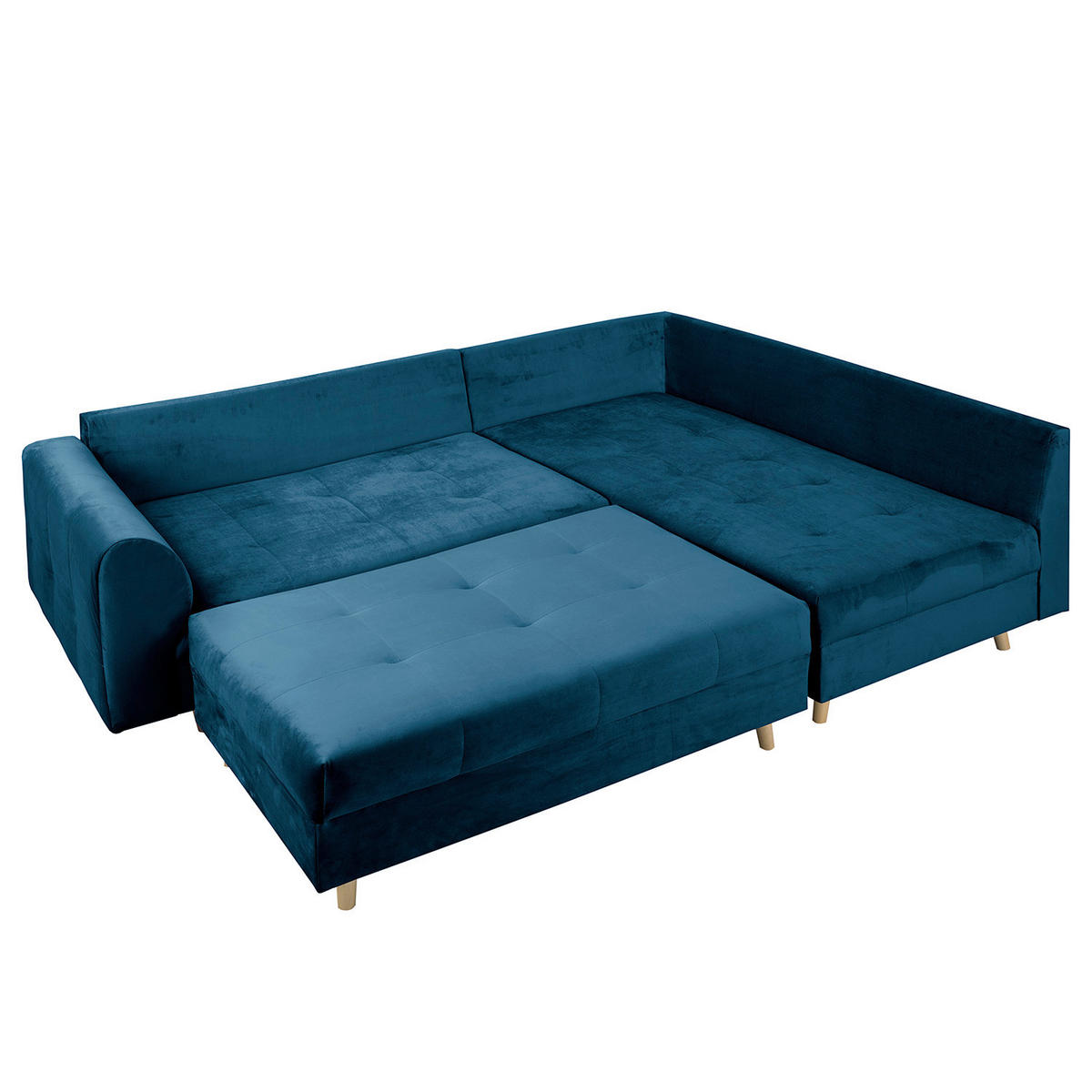 ECKSOFA inkl. Hocker Ariella Blau Samt Rückenkissen, Hocker  - Blau/Naturfarben, Design, Holz/Textil (231/161cm) - Livetastic