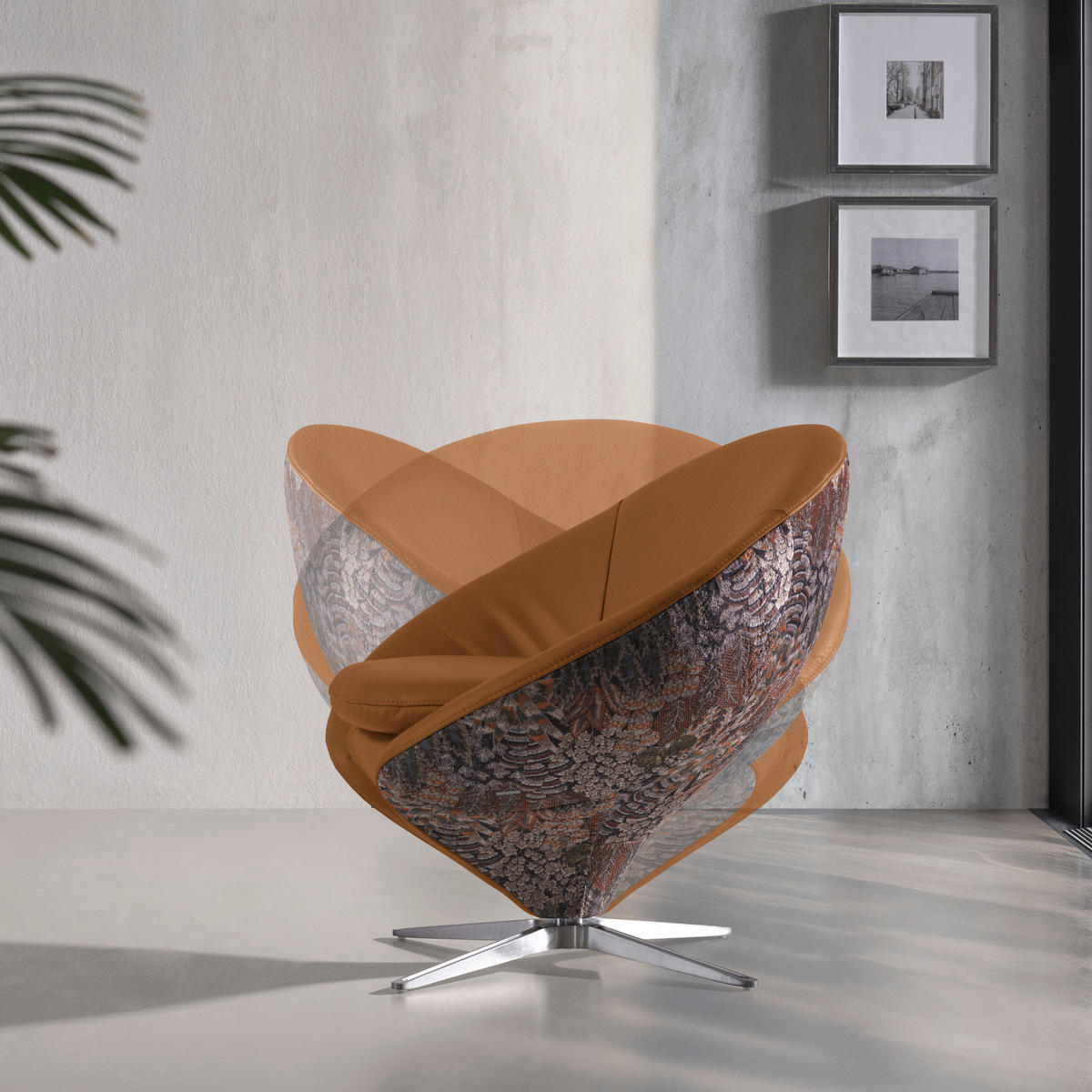 SESSEL in Jacquard Kombination Echtleder/Stoff Hellbraun  - Hellbraun/Nickelfarben, Design, Leder/Textil (84/81/79cm) - Koinor