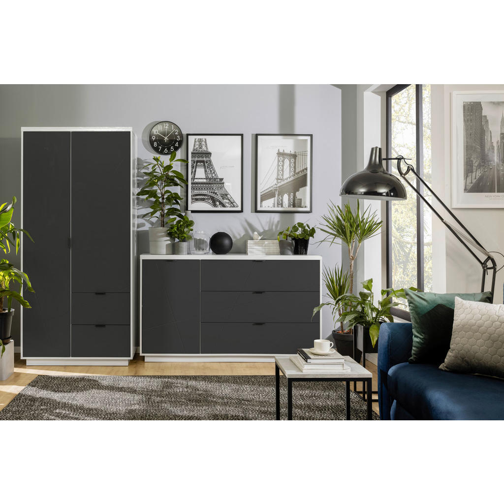 Thumbnail - Mid.you Drehtürenschrank, Schwarz, Weiß Hochglanz, Holzwerkstoff, 4 Fächer, 2 Schubladen, 94x200.5x56.5 cm, Schlafzimmer...