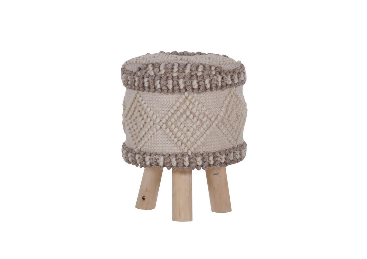 HOCKER Webstoff, Makramee Weiß, Beige, Hellbraun  - Hellbraun/Beige, Basics, Holz/Textil (30/42/30cm) - Livetastic