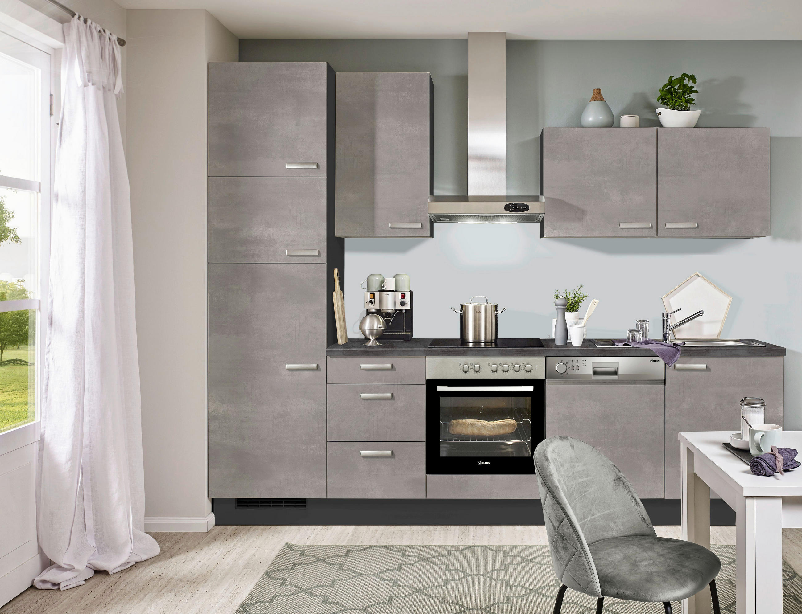 KÜCHENBLOCK 290 cm   in Graphitfarben, Grau  - Edelstahlfarben/Graphitfarben, KONVENTIONELL, Holzwerkstoff/Metall (290cm) - Xora