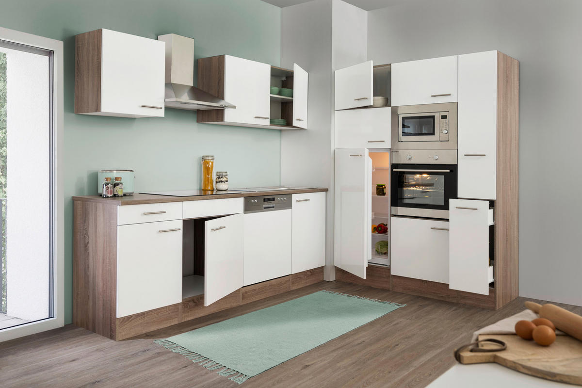 MODULKÖK 370 cm   i vit, ekfärgad  - vit/ekfärgad, Modern, trämaterial (370cm) - Respekta