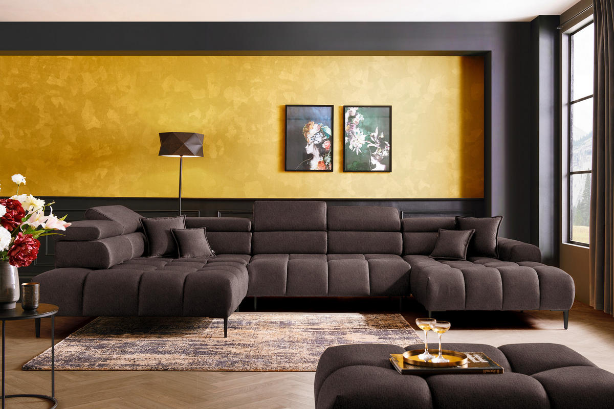 WOHNLANDSCHAFT  in Samt, Webstoff Graubraun  - Graubraun/Schwarz, Design, Textil/Metall (216/385/177cm) - Welnova