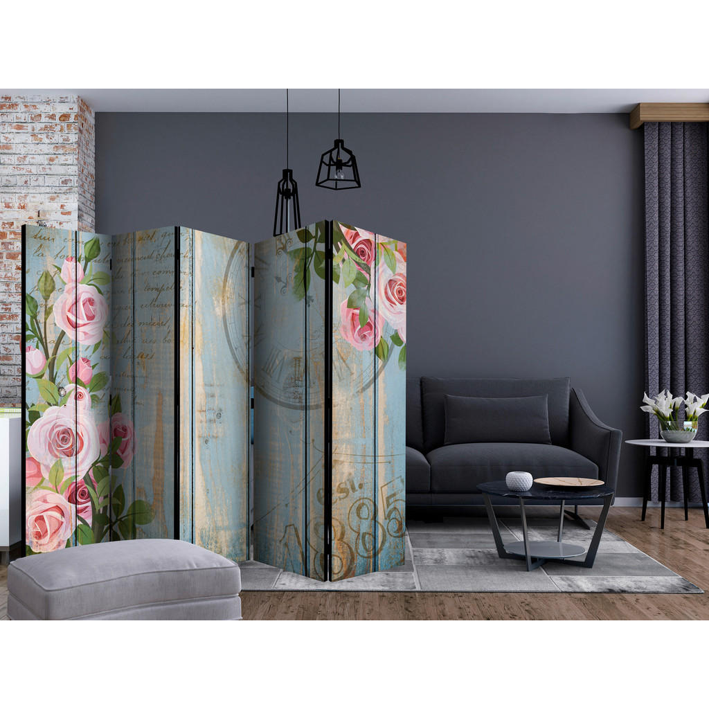 Thumbnail - artgeist Paravent, Pink, Pastellblau, Holz, Textil, Kiefer, massiv, Vintage, 225x172x3 cm, Motiv auf Vorder- und Rücksei...