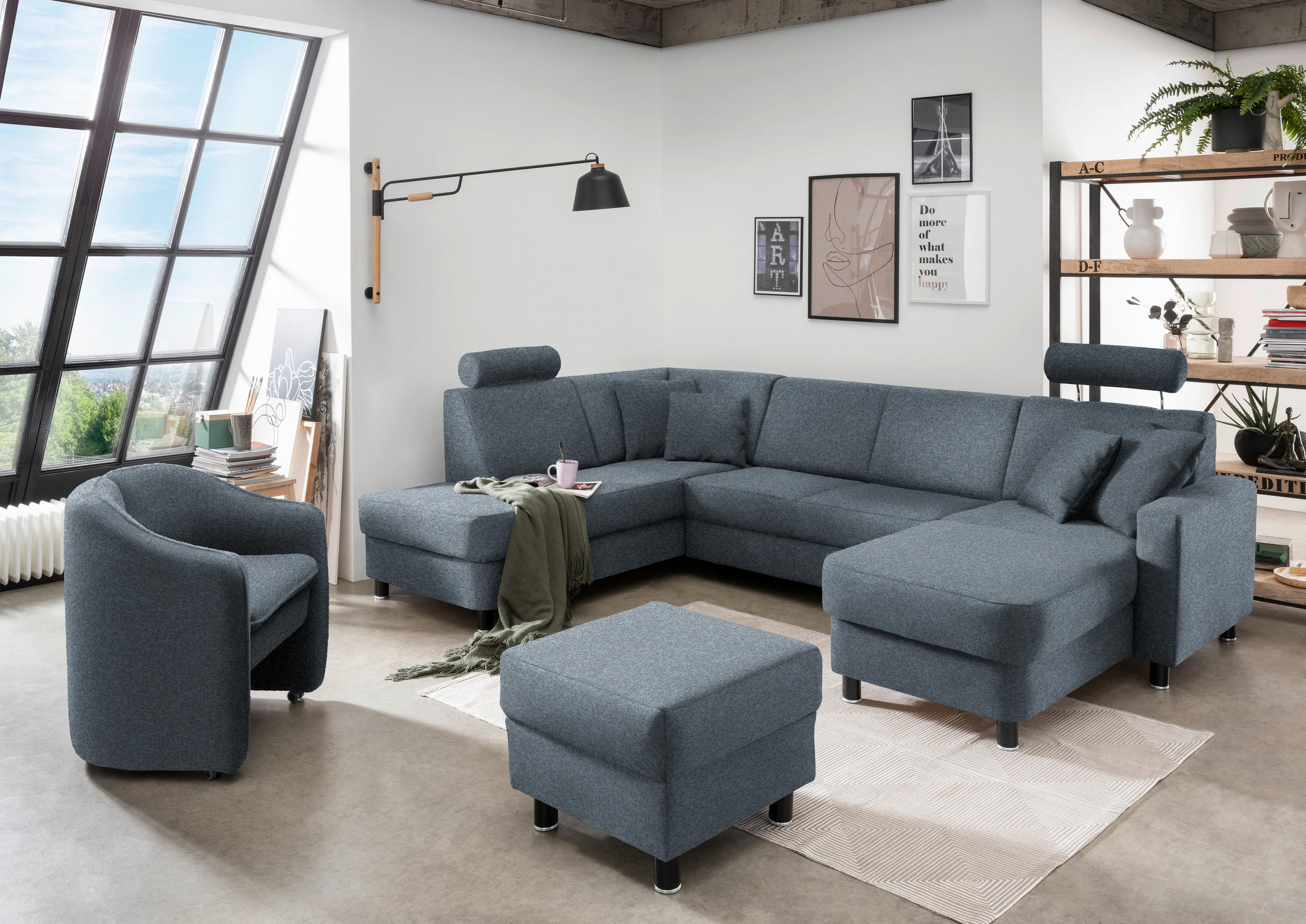 WOHNLANDSCHAFT in Webstoff Blaugrau  - Blaugrau/Schwarz, Design, Holz/Textil (198/296/165cm) - Xora
