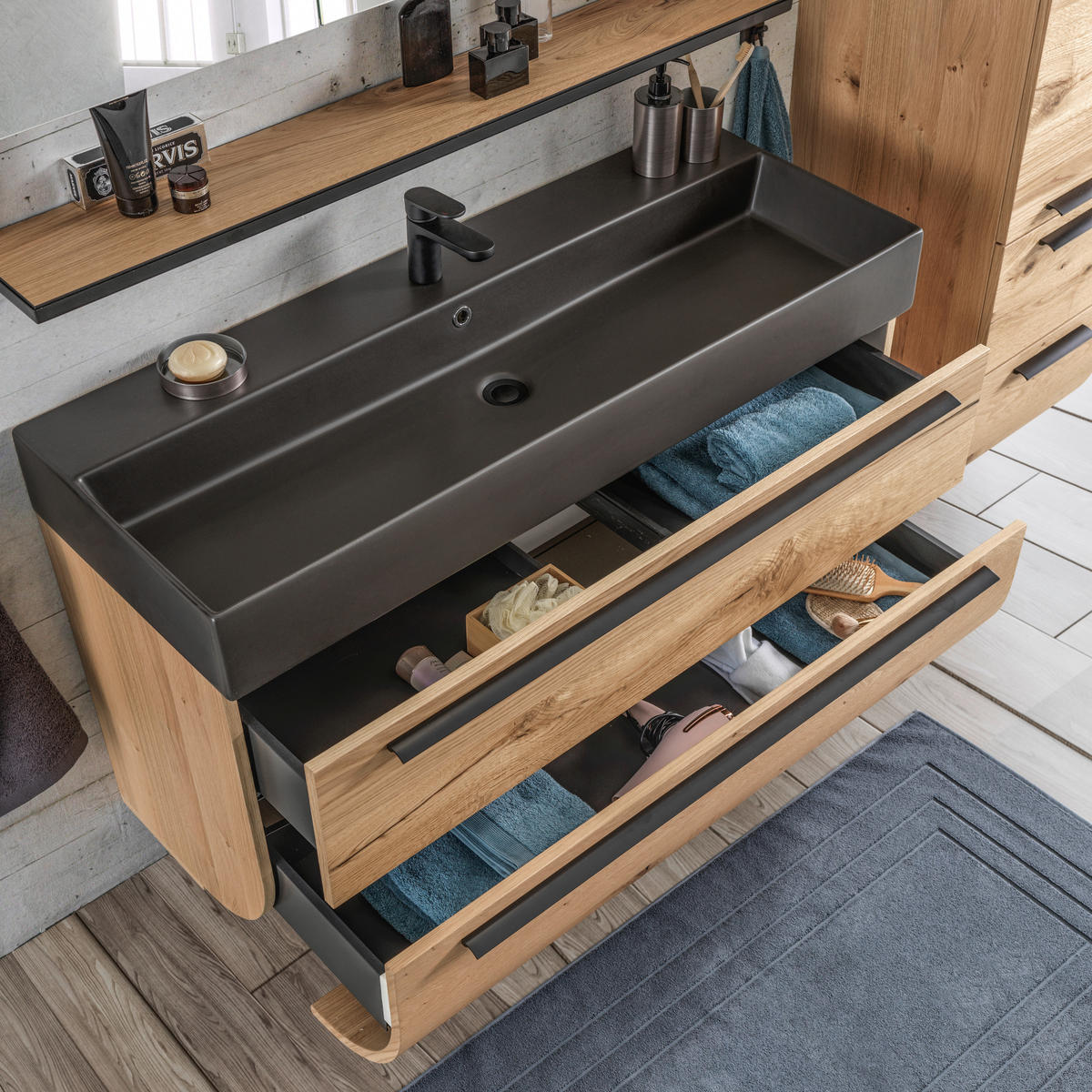 WASCHTISCHKOMBI 121 cm  - Alteiche/Schwarz, MODERN, Holz/Keramik (121cm) - Dieter Knoll