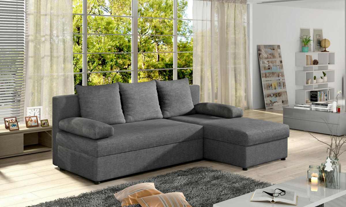 ECKSOFA Dunkelgrau Webstoff  inkl.  - Dunkelgrau/Schwarz, Design, Kunststoff/Textil (201/143cm) - MID.YOU