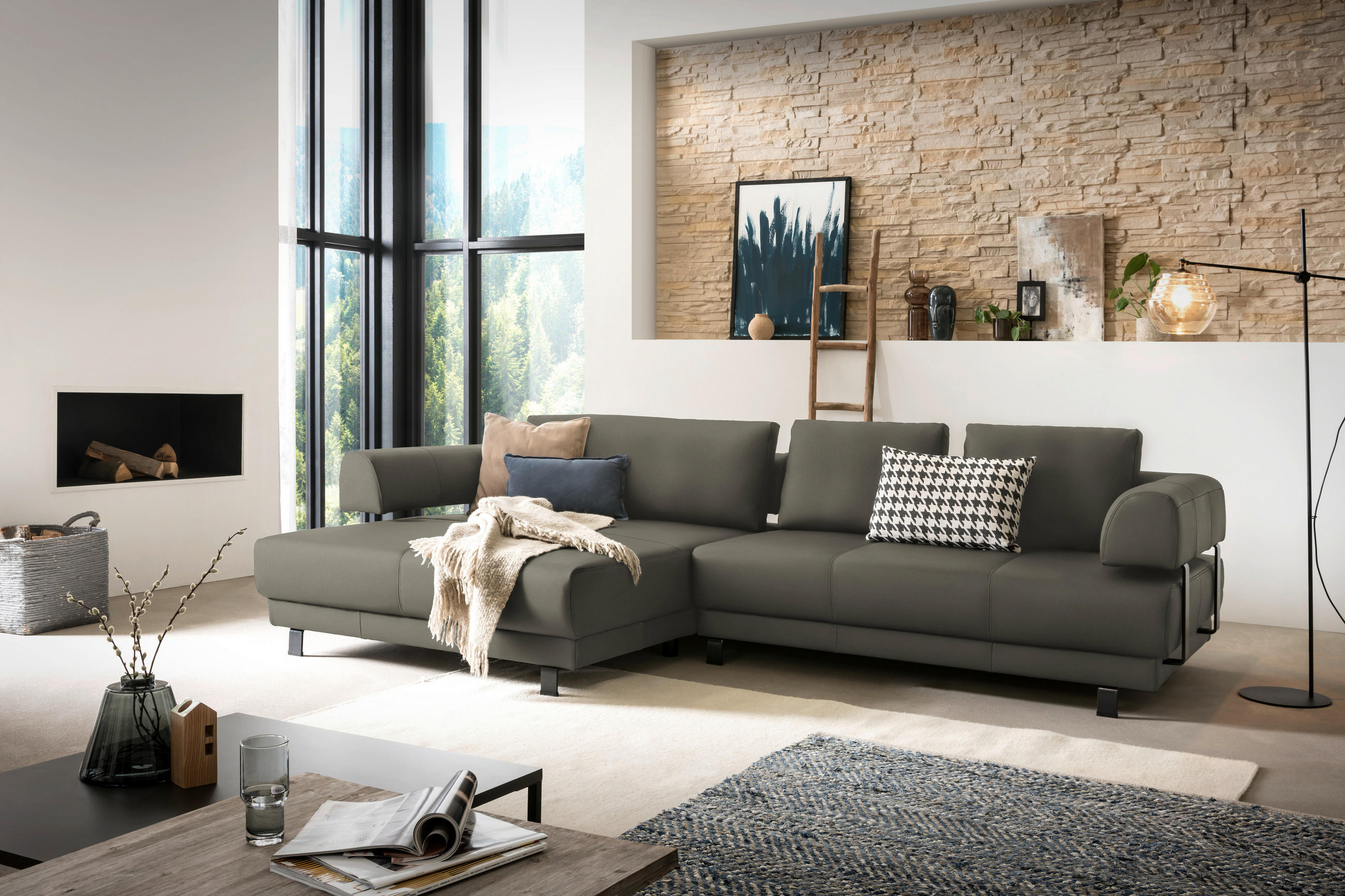 ECKSOFA Grau Echtleder  - Schwarz/Grau, Design, Leder/Metall (188/307cm)