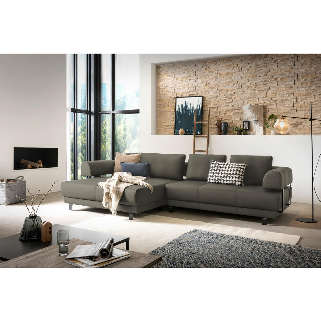 Thumbnail - Stylife Ecksofa, Grau, Leder, Echtleder, Dickleder, 3-Sitzer, Füllung: Polyurethan (Pur), Ottomane links, L-Form, 307x18...