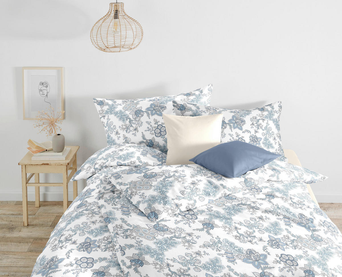 POVLEČENÍ, makosatén, bílá, pastelově modrá, šedomodrá, 140/200 cm  - bílá/šedomodrá, Basics, textil (140/200cm) - Fleuresse