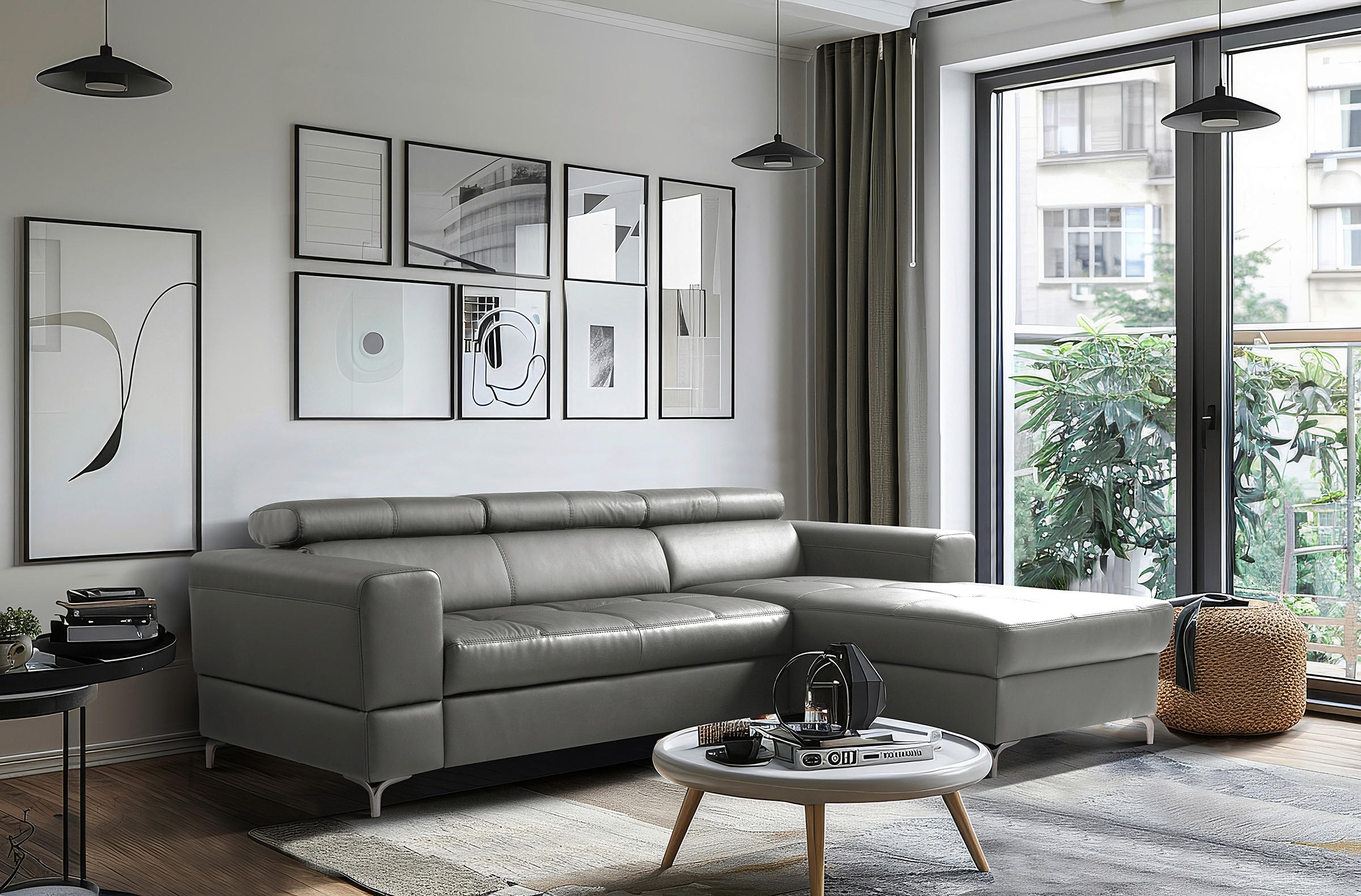 ECKSOFA Anthrazit Echtleder Lederlook Bettkasten, Schlaffunktion, Rücken echt, Kopfteilverstellung  - Anthrazit/Schwarz, Design, Leder/Textil (247/173cm) - Livetastic