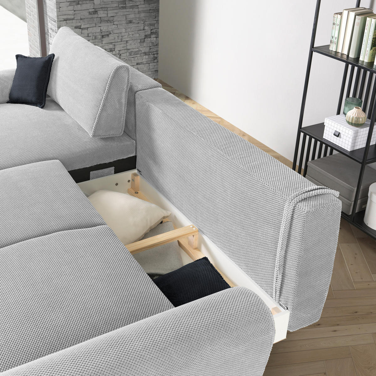 ECKSOFA in Webstoff Ecru  - Ecru/Schwarz, Design, Textil/Metall (170/272cm) - Welnova