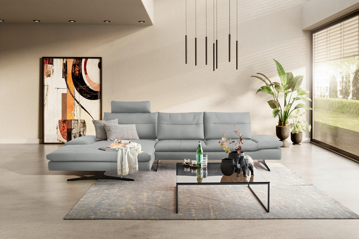 ECKSOFA in Echtleder Grau  158/342 cm  - Schwarz/Grau, MODERN, Leder/Metall (158/342cm) - Chilliano