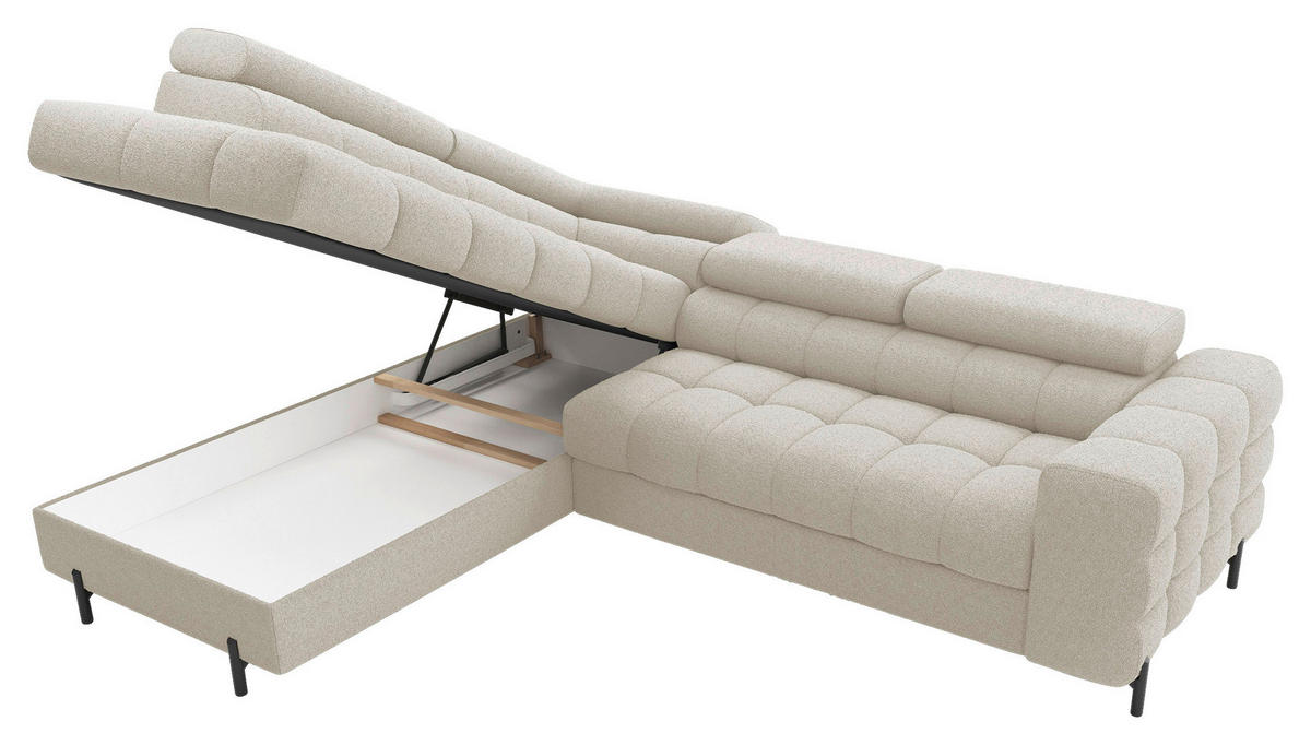 ECKSOFA FERUCCE Creme Teddystoff Bettkasten, Kopfteilverstellung  - Creme/Schwarz, Design, Textil/Metall (200/276cm) - MID.YOU