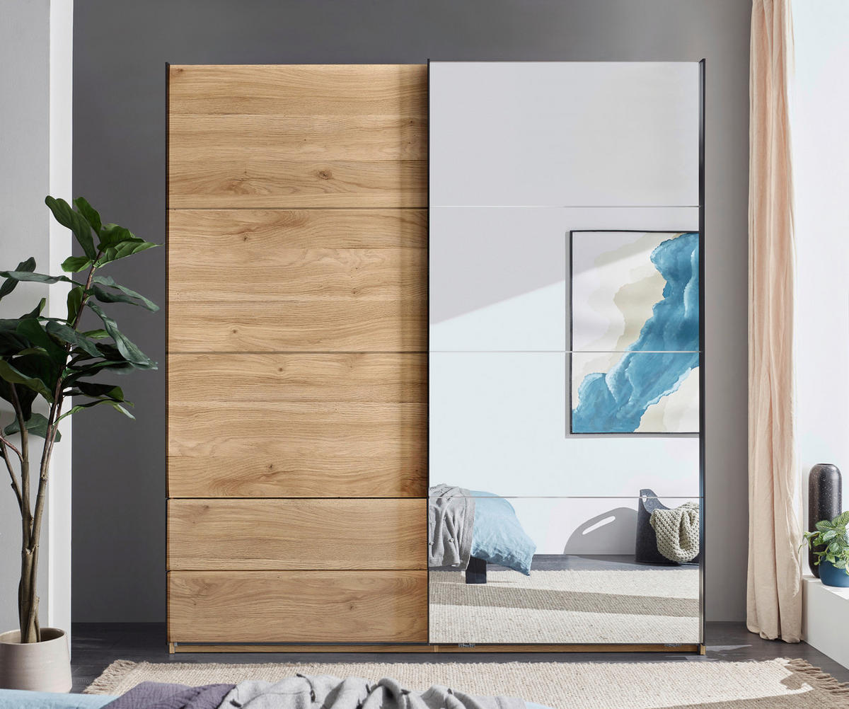 SCHWEBETÜRENSCHRANK Eichefarben  - Eichefarben/Schwarz, Modern, Glas/Holzwerkstoff (215/225,5/60,5cm) - Xora