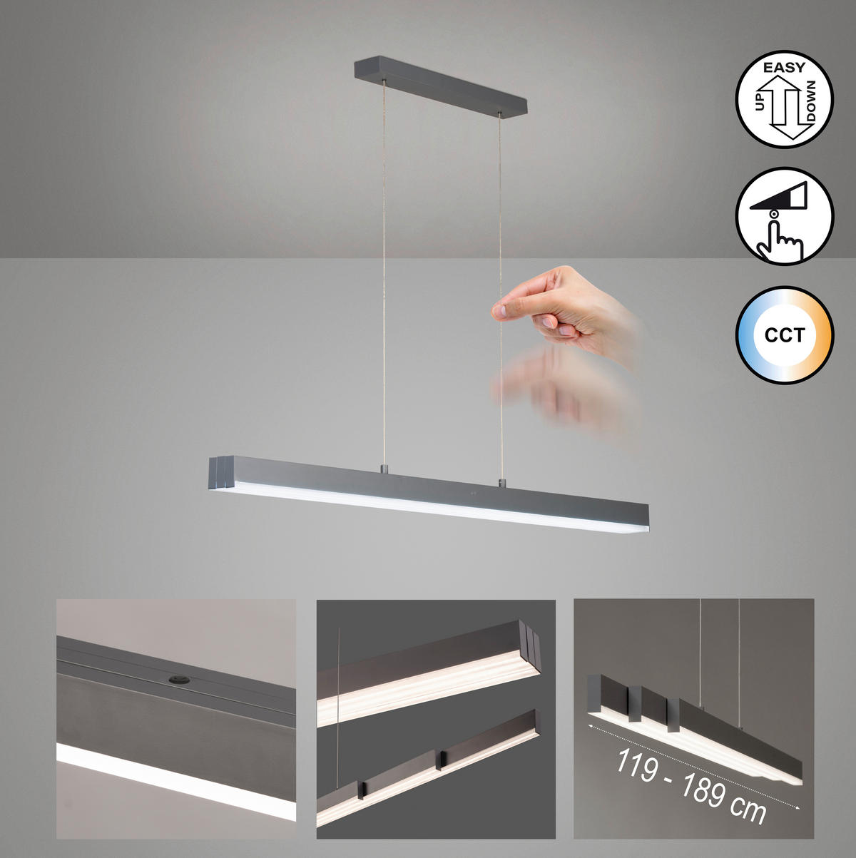 LED-PENDELLEUCHTE Vayana 119-189/70-180/12,5 cm   - Grau, Design, Metall (119-189/70-180/12,5cm) - Fischer & Honsel