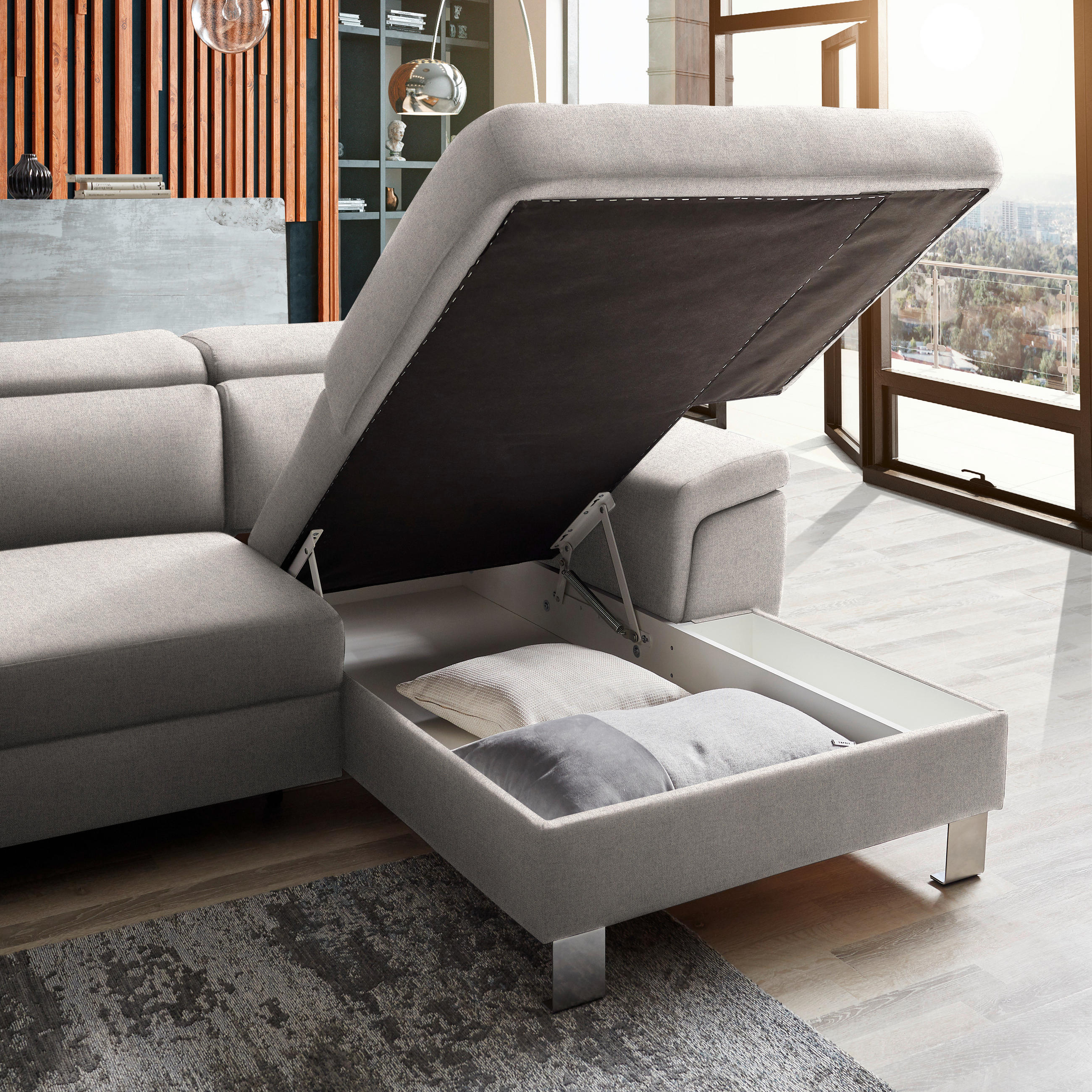 Thumbnail - Xora Ecksofa, Ecru, Textil, 3-Sitzer, Ottomane rechts, L-Form, 250x167 cm, Stoffauswahl, seitenverkehrt erhältlich, Schl...