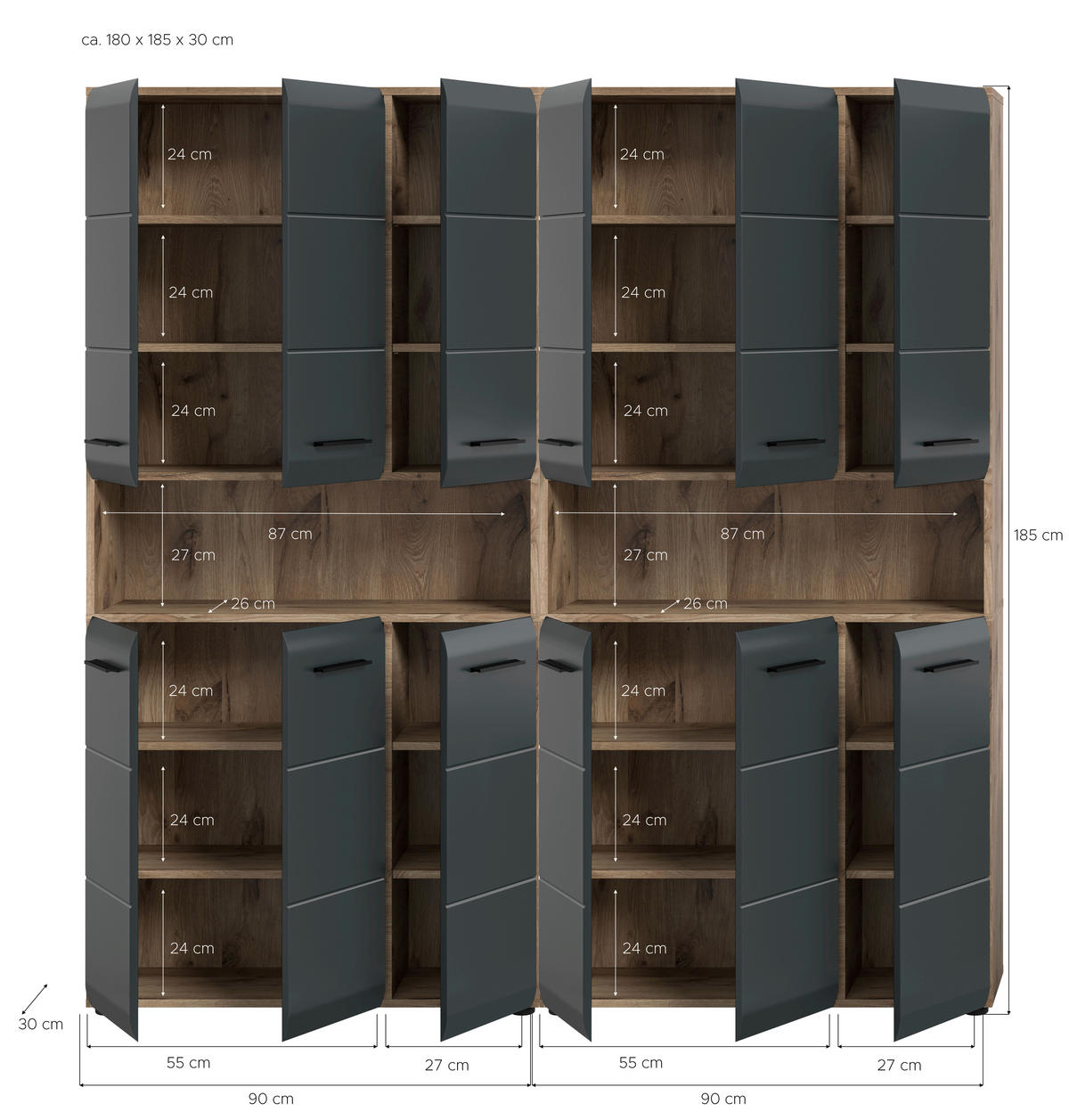 HOCHSCHRANK 180/185/30 cm  - Eiche dunkel/Schwarz, Basics, Holzwerkstoff/Kunststoff (180/185/30cm) - MID.YOU