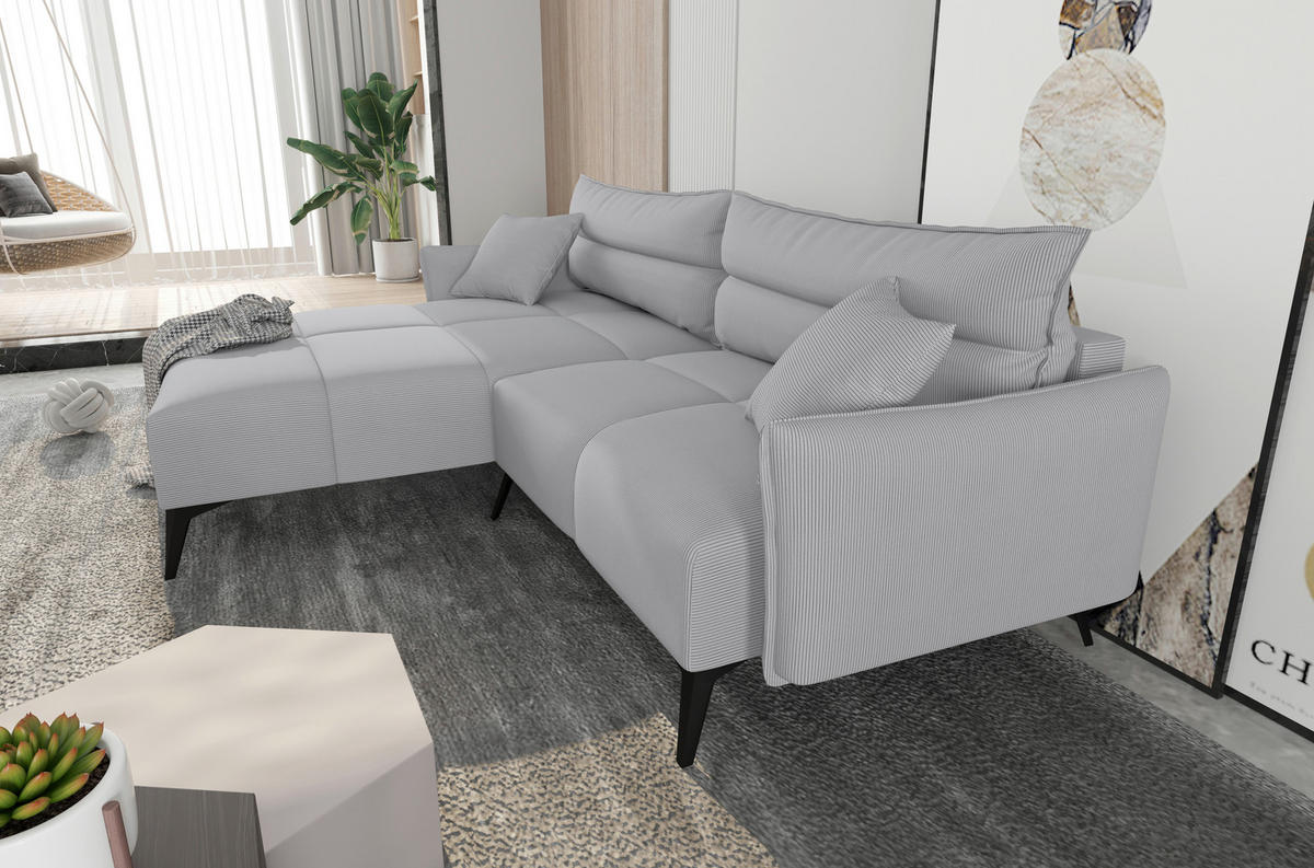 ECKSOFA in Cord Hellgrau  180/253 cm  - Hellgrau/Schwarz, KONVENTIONELL, Textil/Metall (180/253cm) - Carryhome