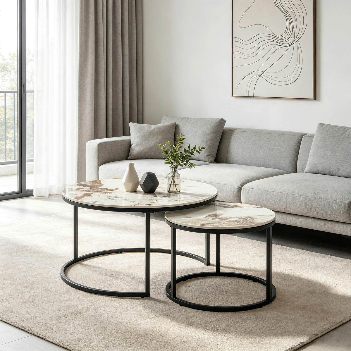 COUCHTISCHSET 70-45/70-45/45-39 cm rund Schwarz, Weiß, Hellbraun  - Hellbraun/Schwarz, Design, Stein/Metall (70-45/70-45/45-39cm) - Stylife