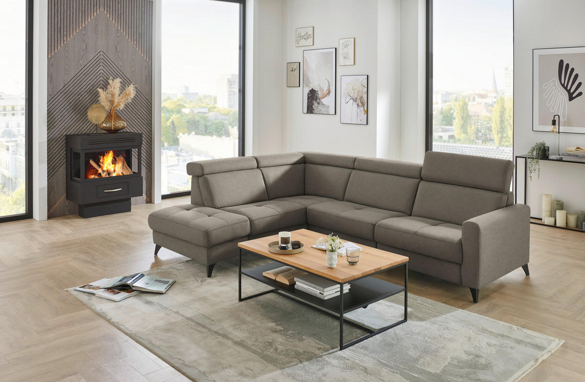 ECKSOFA Beldomo System in Flachgewebe Graubraun Kopfteilverstellung  214/276 cm  - Graubraun/Schwarz, KONVENTIONELL, Textil/Metall (214/276cm) - Beldomo System