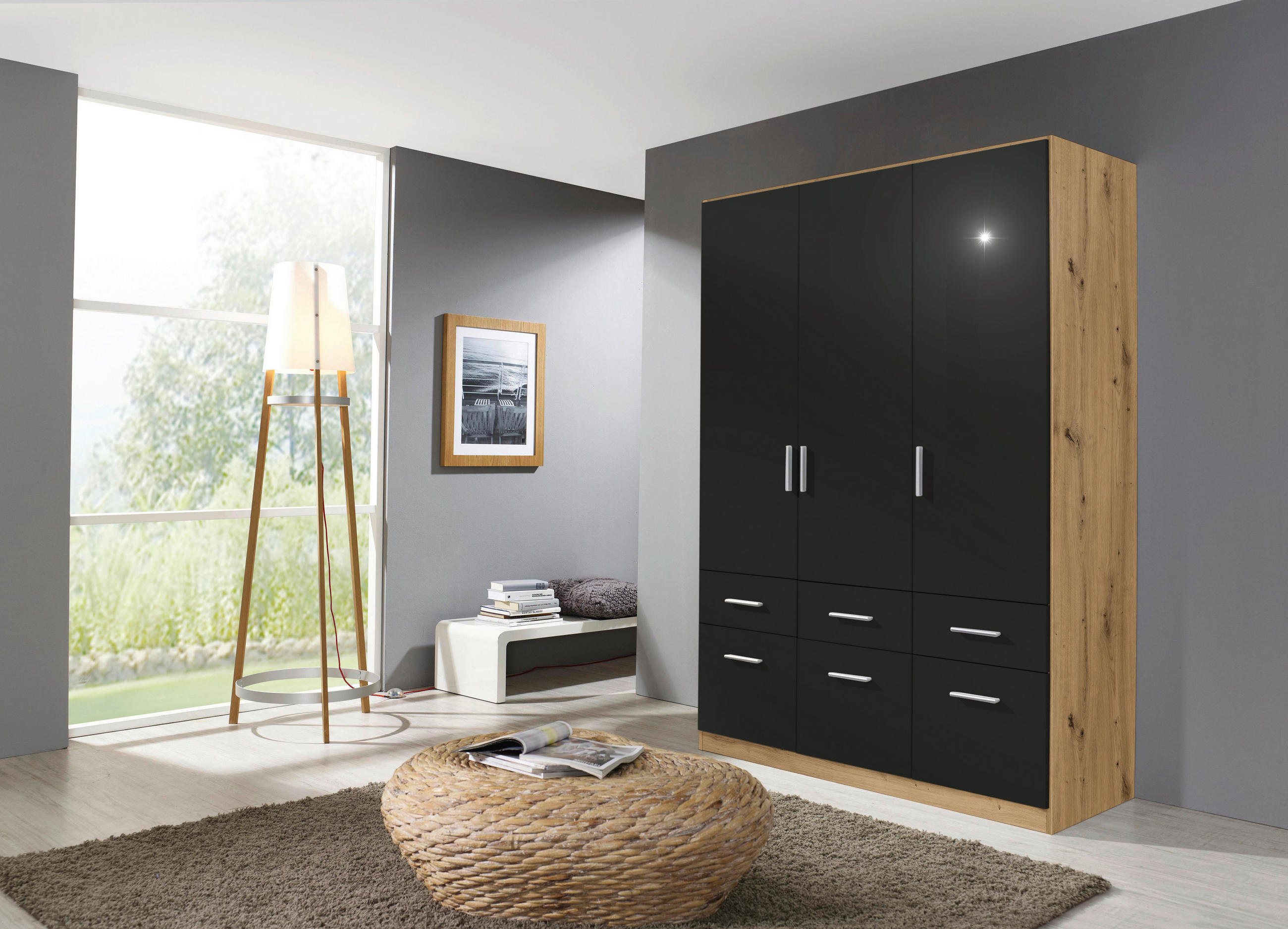 DREHTÜRENSCHRANK  in Eiche Artisan, Grau  - Chromfarben/Eiche Artisan, MODERN, Holzwerkstoff/Kunststoff (136/197/54cm) - Rauch Möbel
