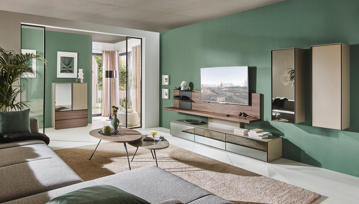 WOHNWAND  in Taupe, Nussbaumfarben 415/190/45 cm  - Taupe/Nussbaumfarben, Design, Glas/Holz (415/190/45cm) - Ambiente