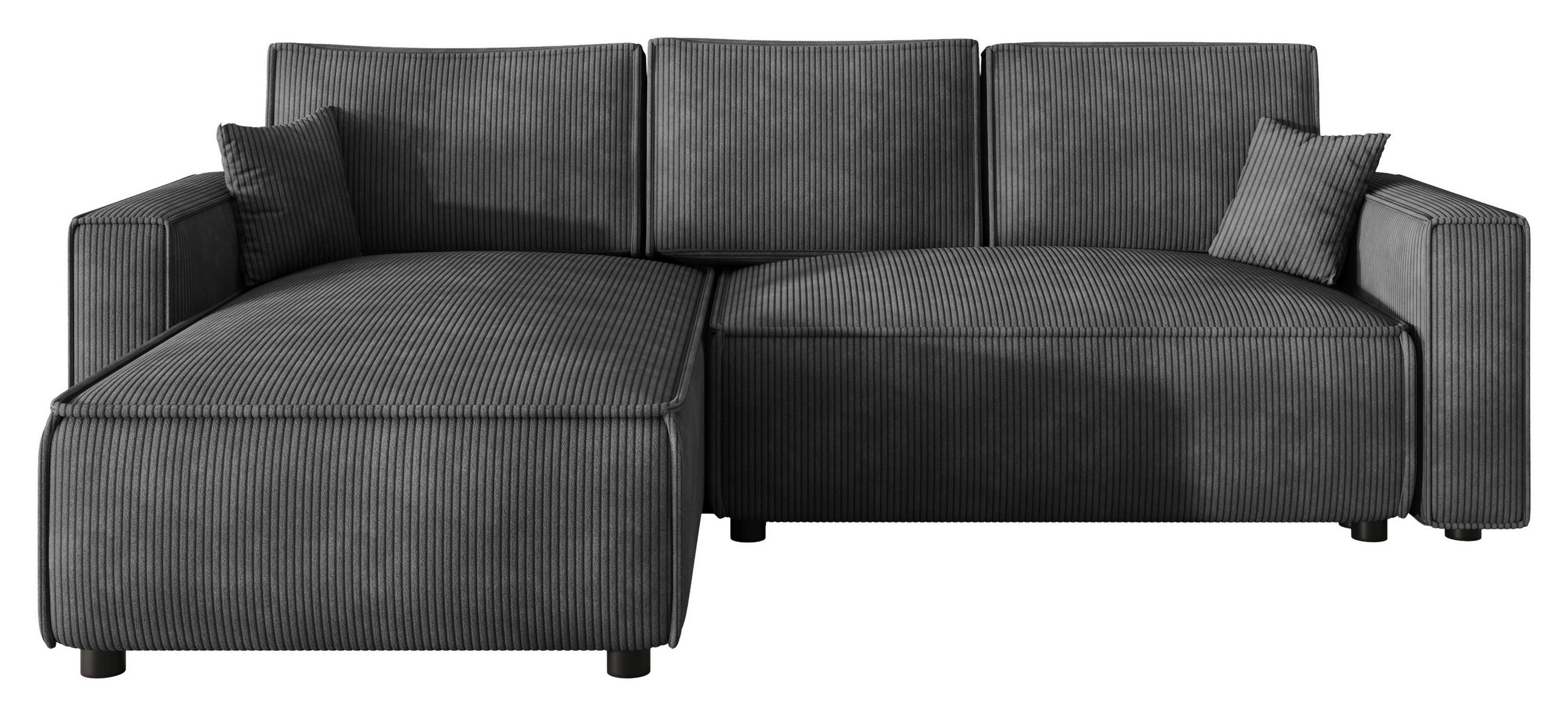 ECKSOFA Dunkelgrau Cord Zierkissen, Rückenkissen, Bettkasten, Schlaffunktion, Rücken echt, Liegefläche im Originalstoff  - Dunkelgrau/Schwarz, MODERN, Kunststoff/Textil (190/280cm) - Carryhome