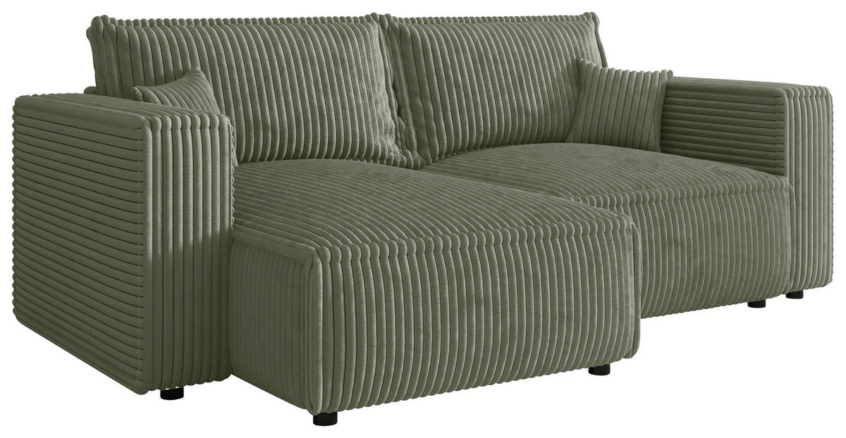 ECKSOFA Olivgrün Cord Zierkissen, Rückenkissen, Schlaffunktion, Rücken echt  - Schwarz/Olivgrün, MODERN, Kunststoff/Textil (153/250cm) - Xora
